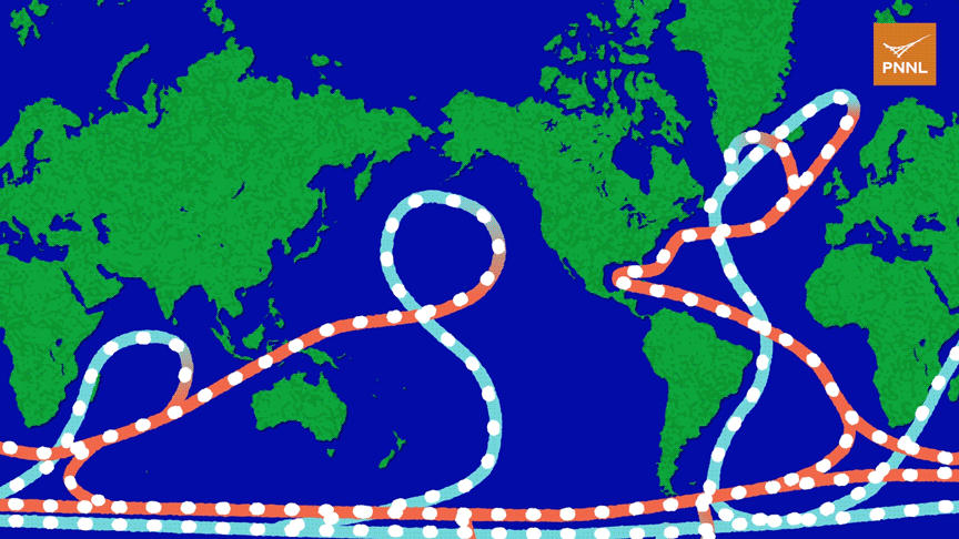 Schematische Darstellung der globalen kalten (blau) und warmen (rot) Meeresströmungen, einschließlich AMOC und Golfstrom.